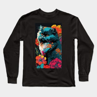 Persian Cat Vibrant Tropical Flower Tall Retro Vintage Digital Pop Art Portrait 4 Long Sleeve T-Shirt